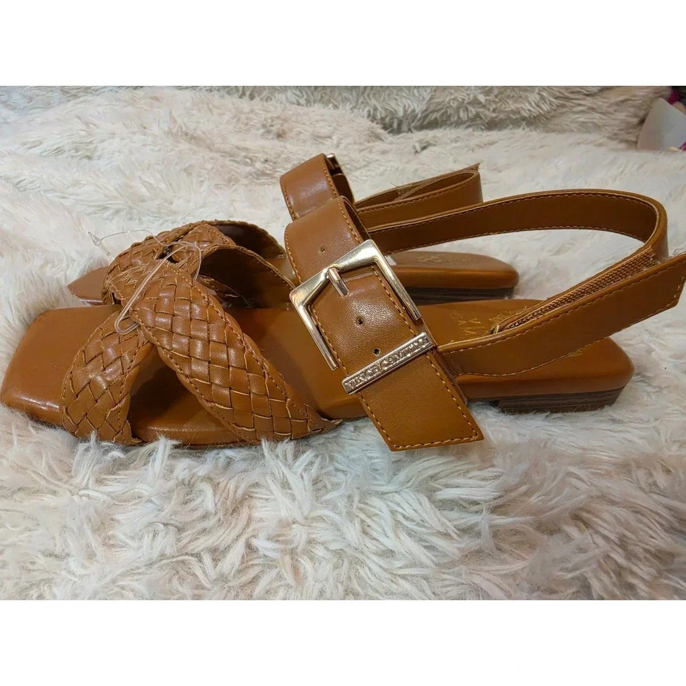 NWT Vince Camuto Stiorra Braided Strappy Flat Sandals Tan Cognac Size 7.5M